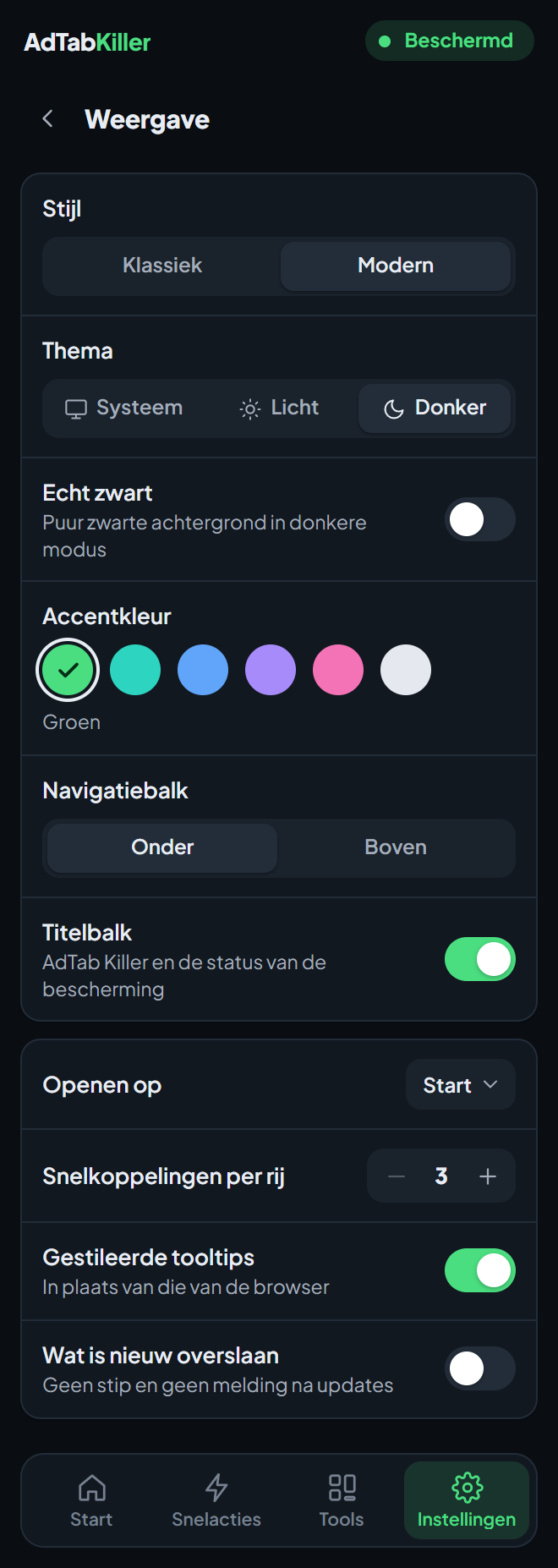 Het instellingenscherm Weergave in de pop-up: Stijl, Thema, Echt zwart, Accentkleur, Navigatiebalk, Titelbalk en de opties eronder.