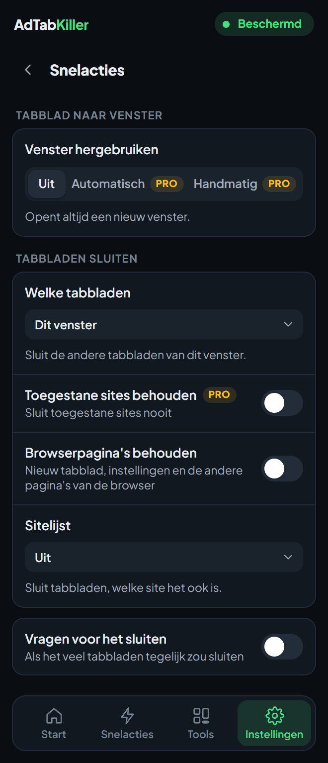 Het instellingenscherm Snelacties in de pop-up, met Venster hergebruiken en de opties van Tabbladen sluiten.