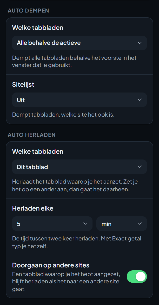 Het onderste deel van het instellingenscherm Tools en bescherming, met de opties van Auto dempen en Auto herladen.