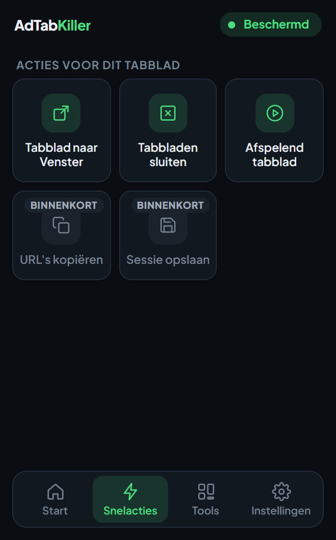 Het tabblad Snelacties in de pop-up, met Tabblad naar Venster, Tabbladen sluiten en Afspelend tabblad, en twee snelacties gemarkeerd als binnenkort.