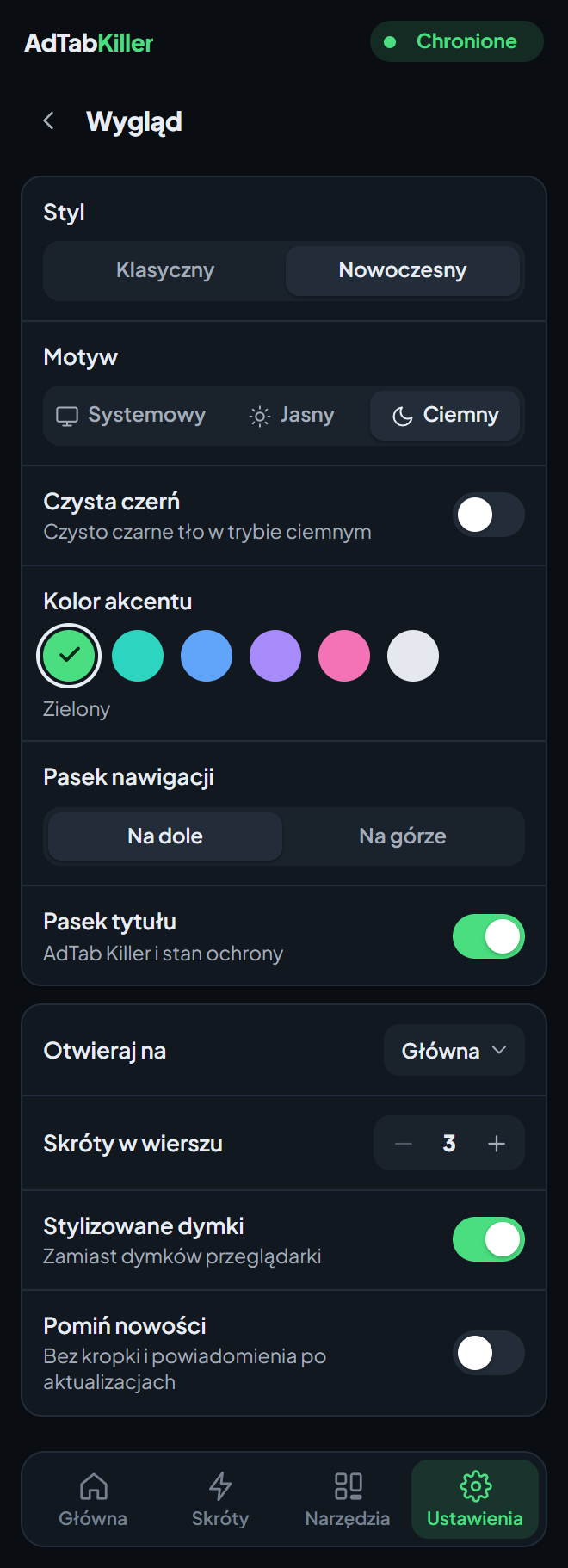 Ekran ustawień Wygląd w okienku: Styl, Motyw, Czysta czerń, Kolor akcentu, Pasek nawigacji, Pasek tytułu i opcje poniżej.