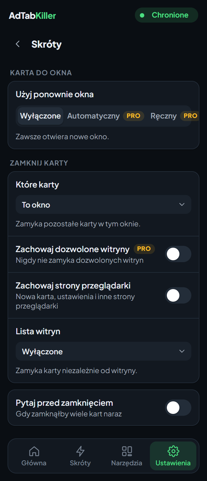 Ekran ustawień Skróty w okienku, z ustawieniem Użyj ponownie okna i opcjami skrótu Zamknij karty.