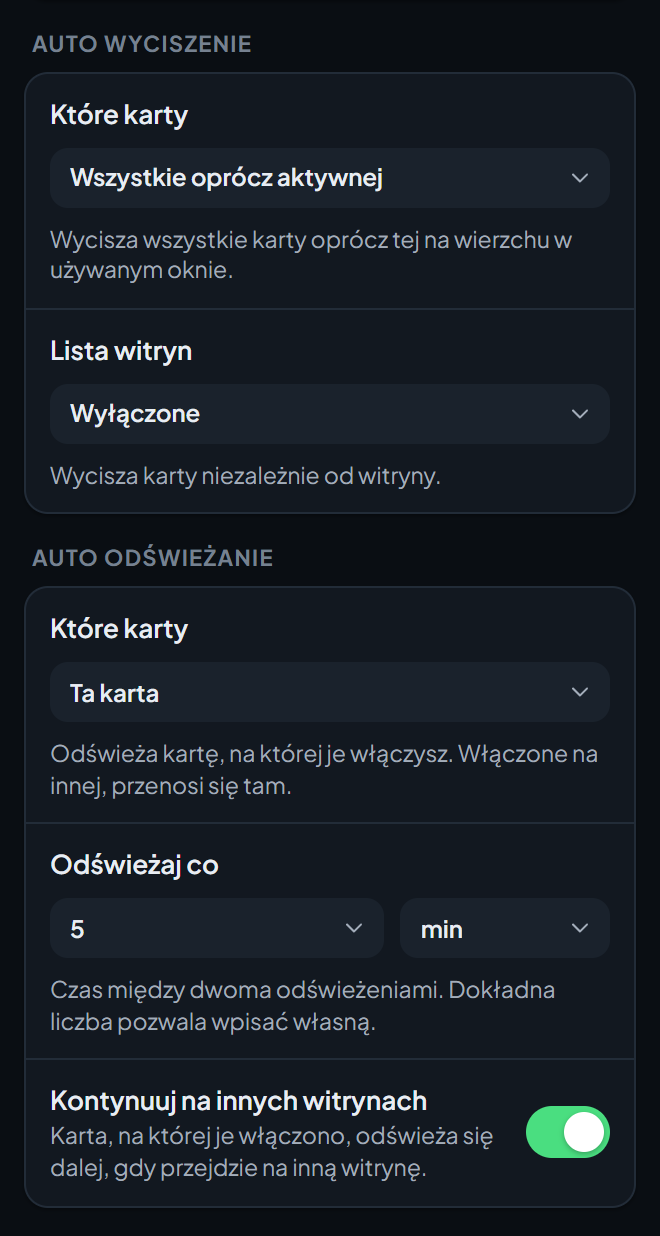 Dolna część ekranu ustawień Narzędzia i ochrona, z opcjami narzędzi Auto wyciszenie i Auto odświeżanie.