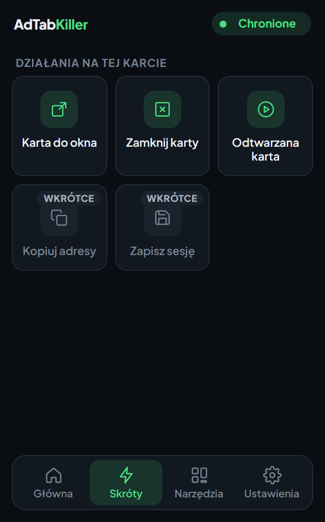 Karta Skróty w okienku: Karta do okna, Zamknij karty i Odtwarzana karta oraz dwa skróty oznaczone jako wkrótce.