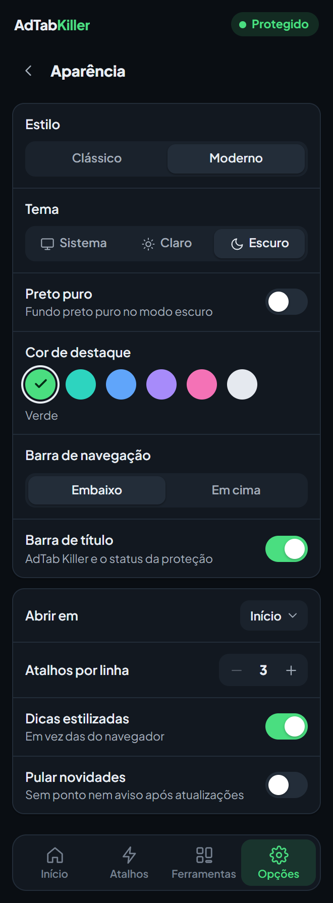 A tela de configurações Aparência no popup: Estilo, Tema, Preto puro, Cor de destaque, Barra de navegação, Barra de título e as opções abaixo.