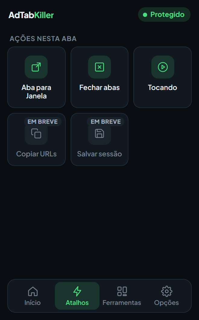 A aba Atalhos no popup, com Aba para Janela, Fechar abas e Tocando, e dois atalhos marcados como em breve.