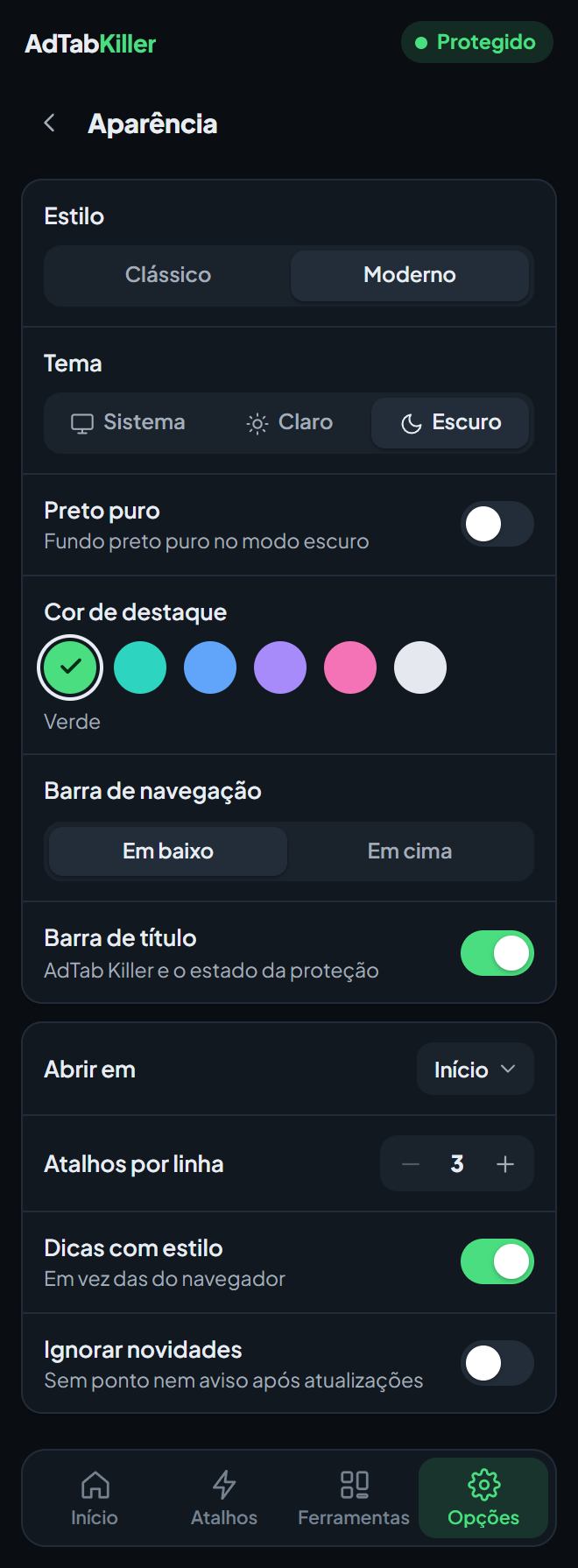 O ecrã de definições Aparência na janela da extensão: Estilo, Tema, Preto puro, Cor de destaque, Barra de navegação, Barra de título e as opções por baixo.