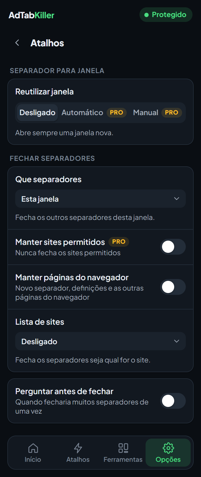 O ecrã de definições Atalhos na janela da extensão, com Reutilizar janela e as opções do Fechar separadores.