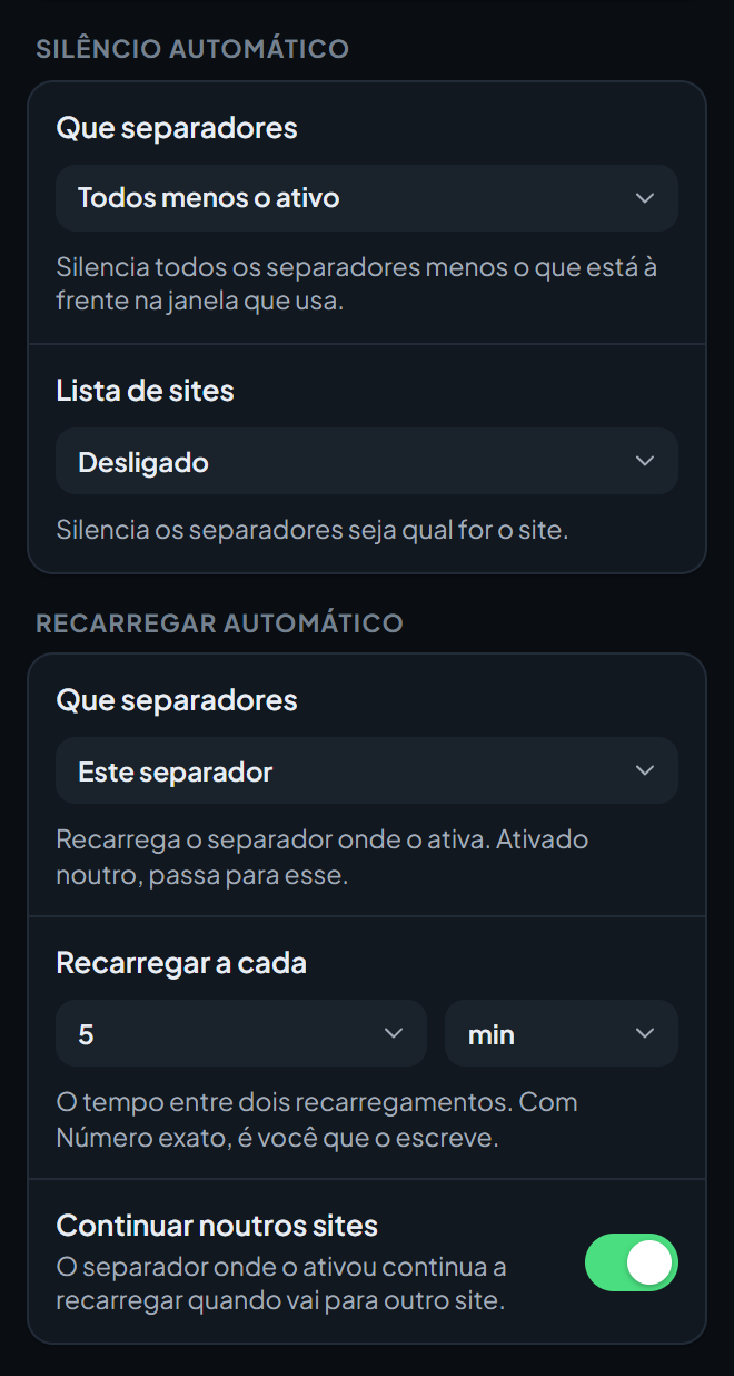 A parte de baixo do ecrã de definições Ferramentas e proteção, com as opções do Silêncio automático e do Recarregar automático.