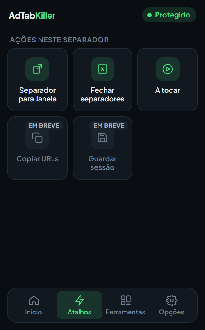 O separador Atalhos na janela da extensão, com Separador para Janela, Fechar separadores e A tocar, e dois atalhos marcados como em breve.