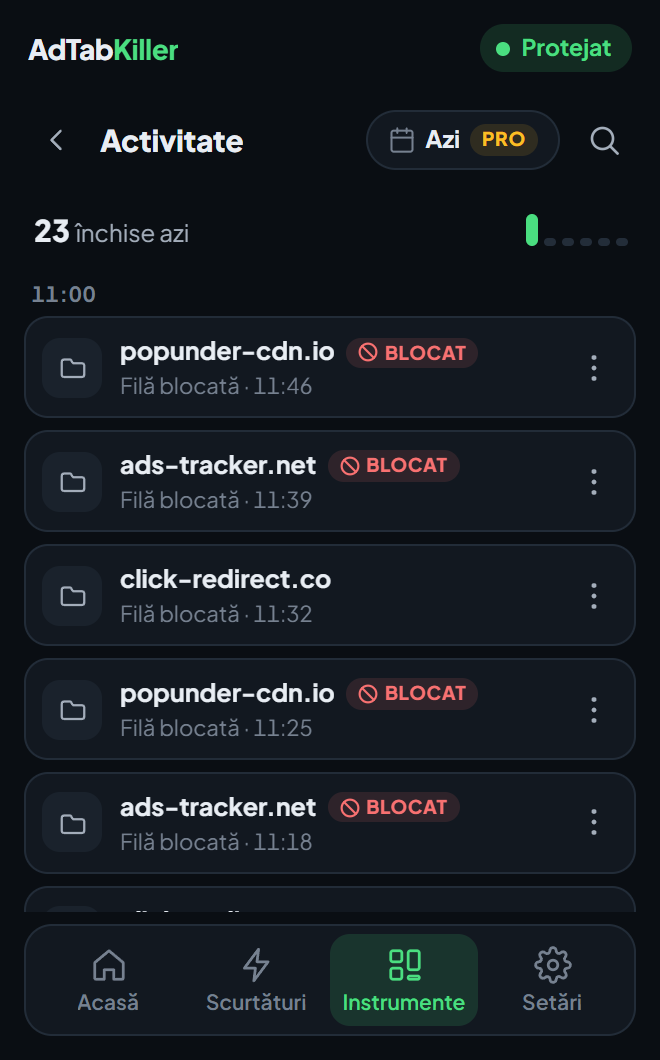 Ecranul Activitate din fereastra extensiei: închiderile de azi în ordine, fiecare cu site-ul și ora ei, butonul de dată cu eticheta lui Pro și butonul de căutare.