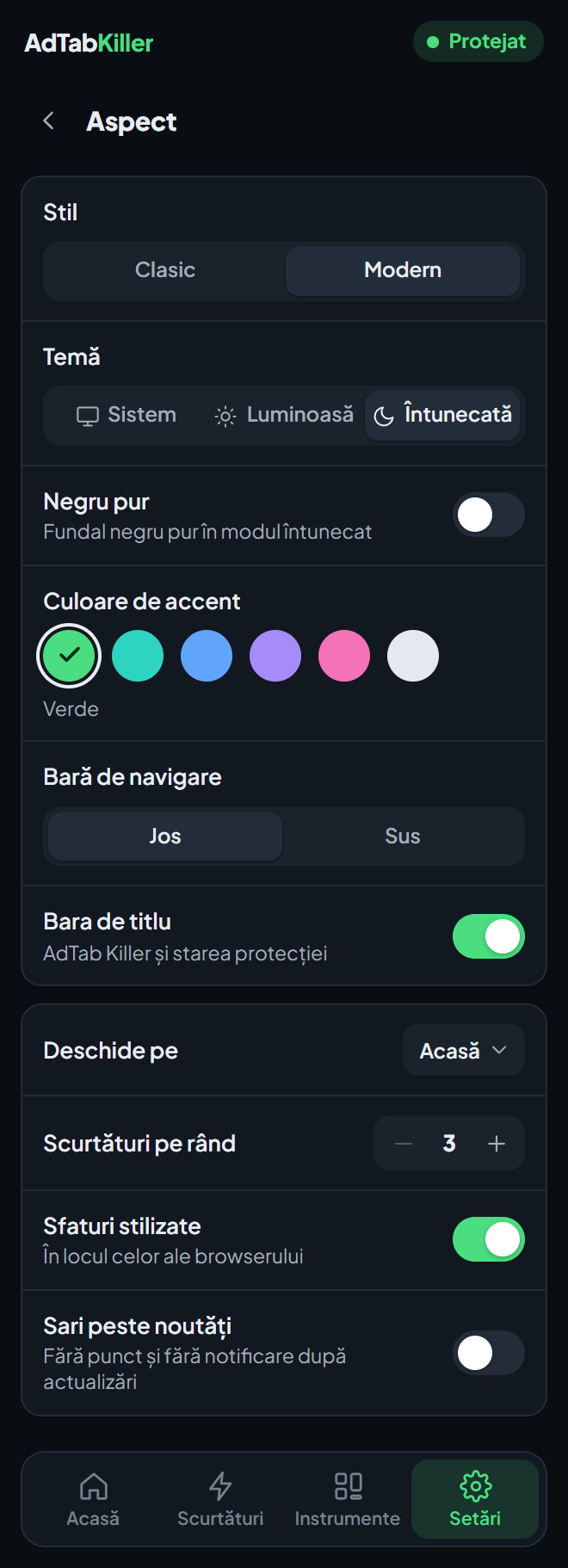 Ecranul de setări Aspect din fereastra extensiei: Stil, Temă, Negru pur, Culoare de accent, Bară de navigare, Bara de titlu și opțiunile de dedesubt.