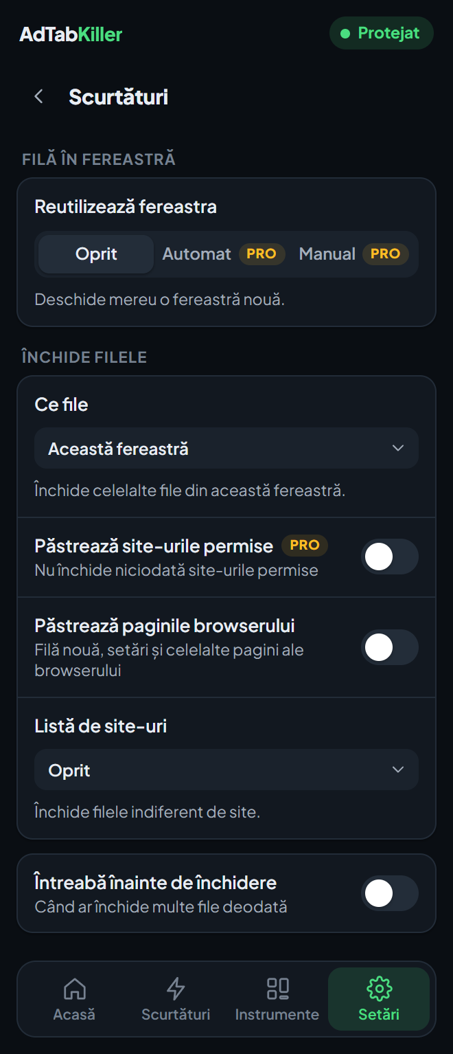 Ecranul de setări Scurtături din fereastra extensiei, cu Reutilizează fereastra și opțiunile pentru Închide filele.