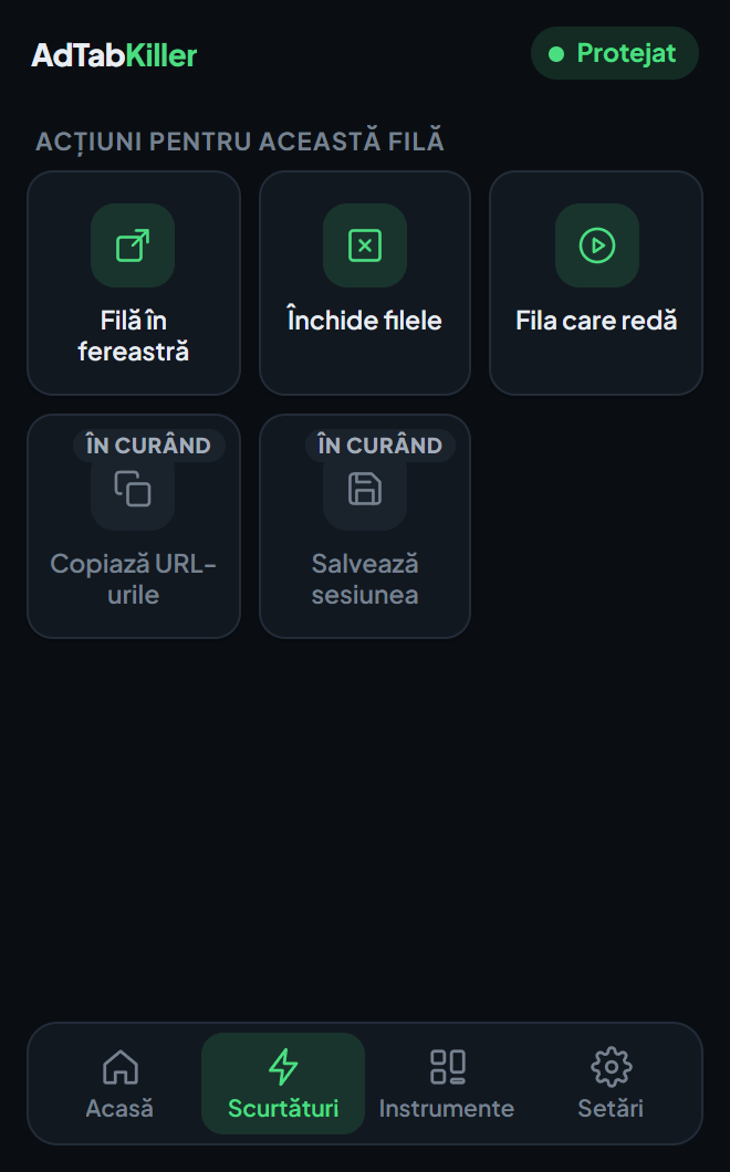 Fila Scurtături din fereastra extensiei, cu Filă în fereastră, Închide filele și Fila care redă, și două scurtături marcate ca disponibile în curând.