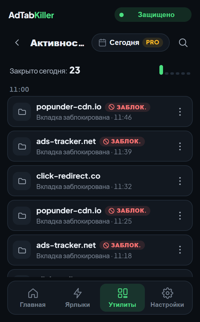 Экран «Активность» в окне расширения: сегодняшние закрытия по порядку, у каждого указаны сайт и время, кнопка даты с меткой Pro и кнопка поиска.
