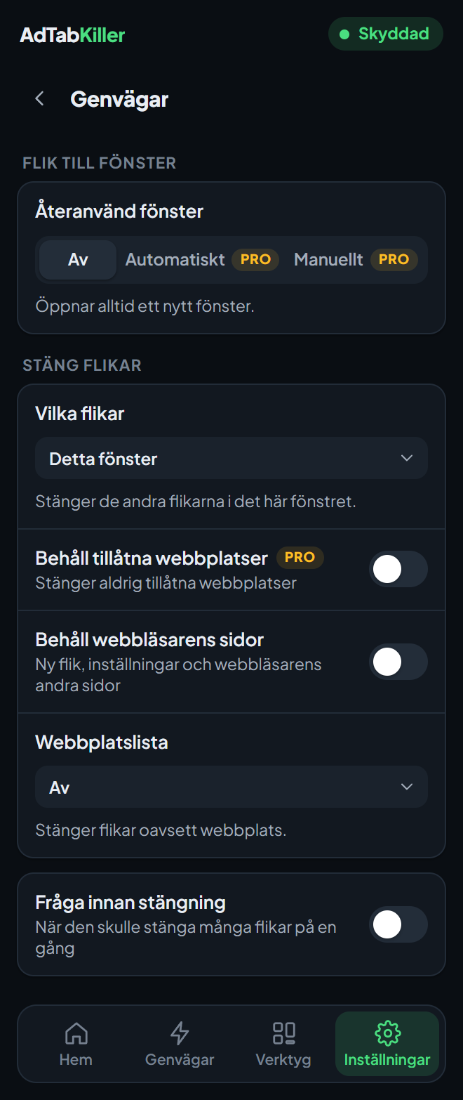 Inställningsskärmen Genvägar i tilläggets fönster, med Återanvänd fönster och alternativen för Stäng flikar.