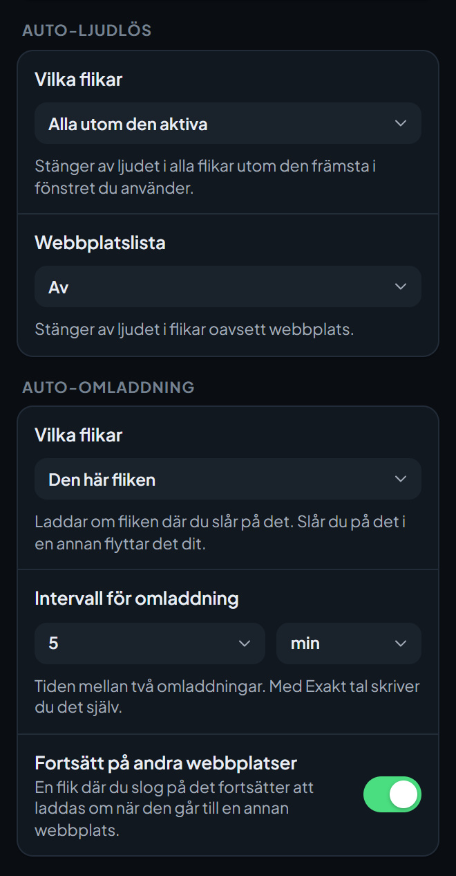Den nedre delen av inställningsskärmen Verktyg och skydd, med alternativen för Auto-ljudlös och Auto-omladdning.