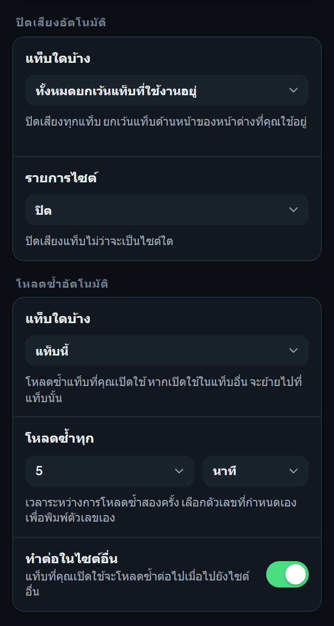 ส่วนล่างของหน้าจอการตั้งค่า เครื่องมือและการป้องกัน พร้อมตัวเลือกของ ปิดเสียงอัตโนมัติ และ โหลดซ้ำอัตโนมัติ