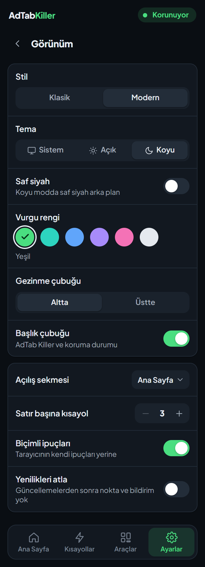 Eklenti penceresindeki Görünüm ayarları ekranı: Stil, Tema, Saf siyah, Vurgu rengi, Gezinme çubuğu, Başlık çubuğu ve altlarındaki seçenekler.