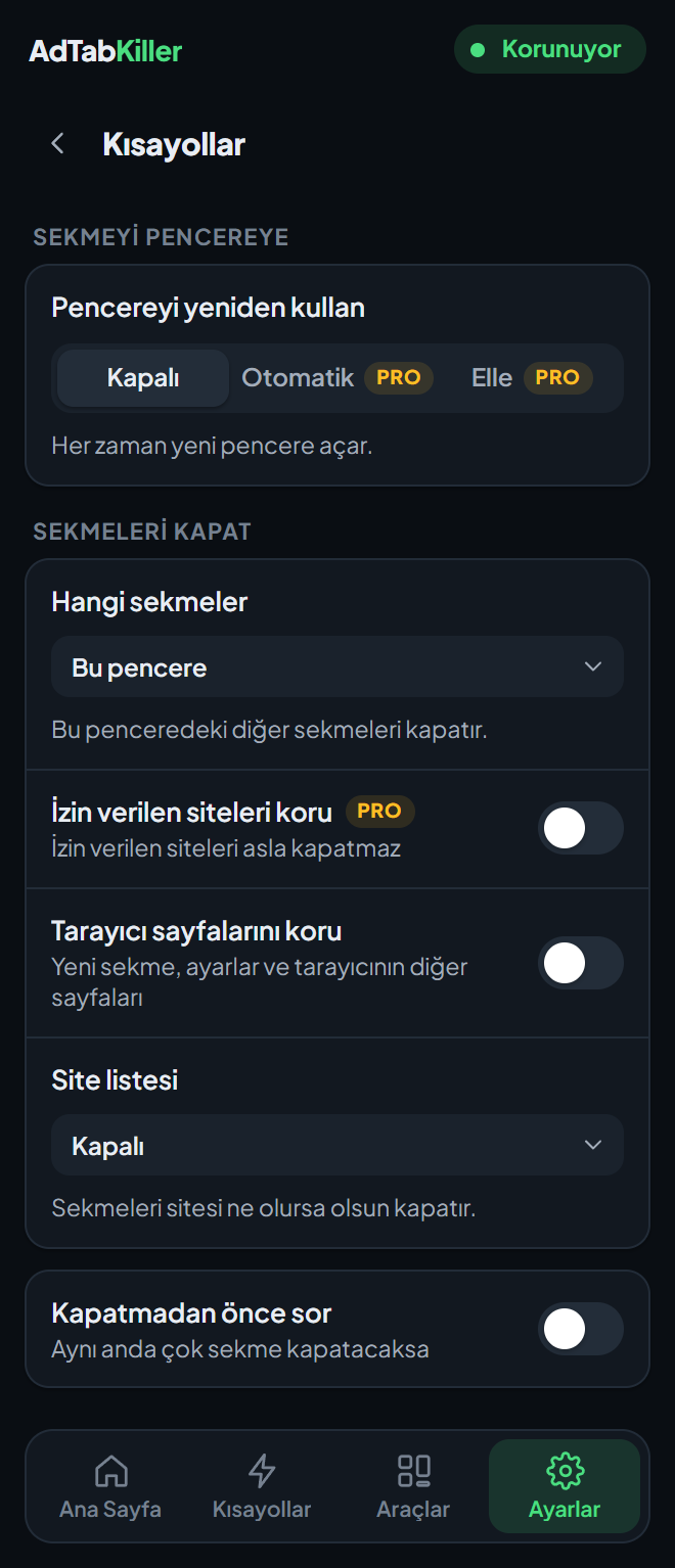 Eklenti penceresindeki Kısayollar ayarları ekranı, Pencereyi yeniden kullan ve Sekmeleri kapat seçenekleriyle.
