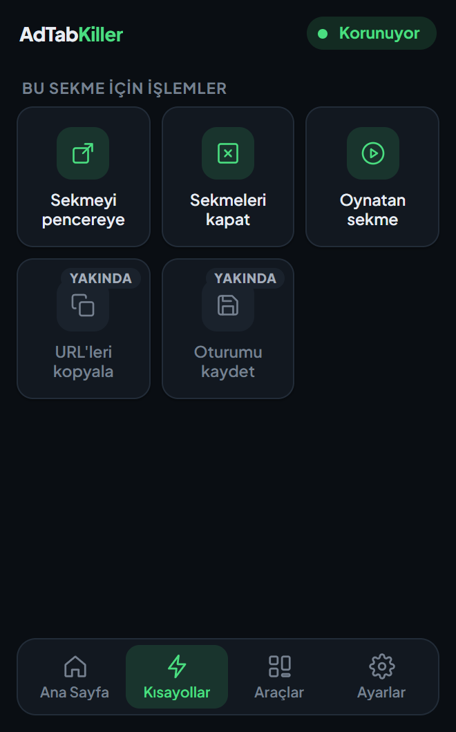 Eklenti penceresindeki Kısayollar sekmesi: Sekmeyi pencereye, Sekmeleri kapat ve Oynatan sekme, ayrıca yakında olarak işaretlenmiş iki kısayol.