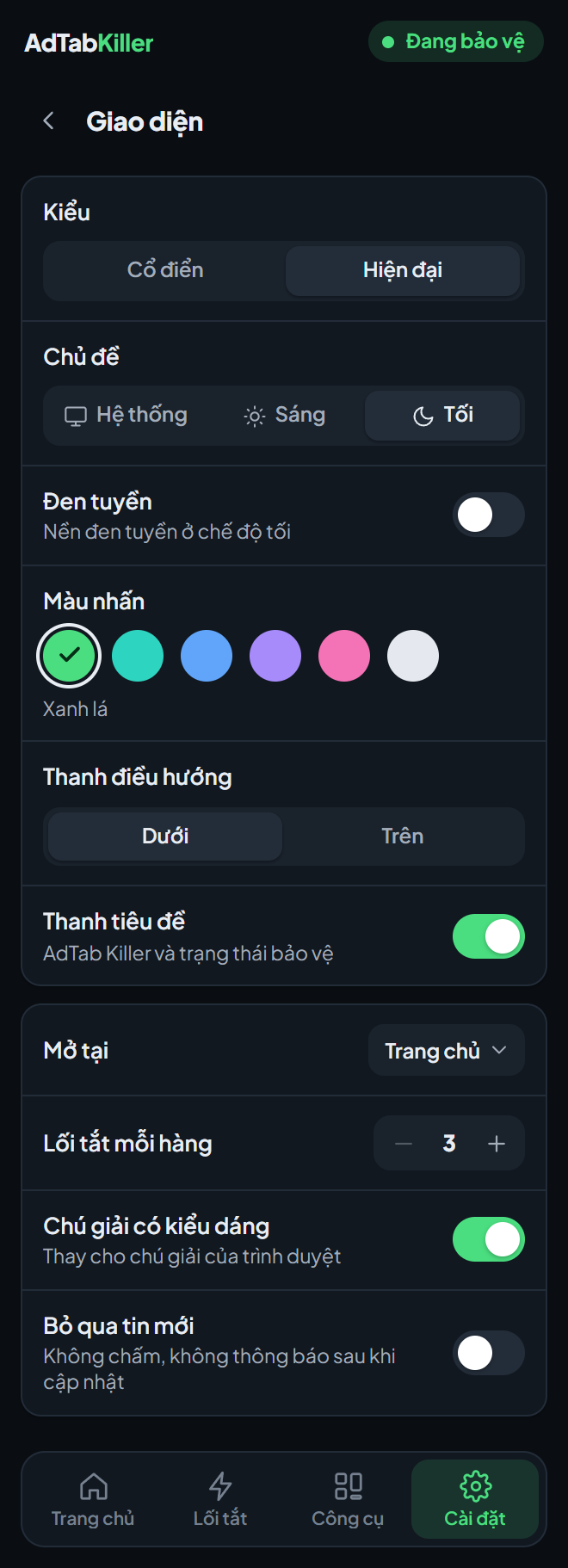Màn hình cài đặt Giao diện trong cửa sổ tiện ích: Kiểu, Chủ đề, Đen tuyền, Màu nhấn, Thanh điều hướng, Thanh tiêu đề và các tùy chọn bên dưới.