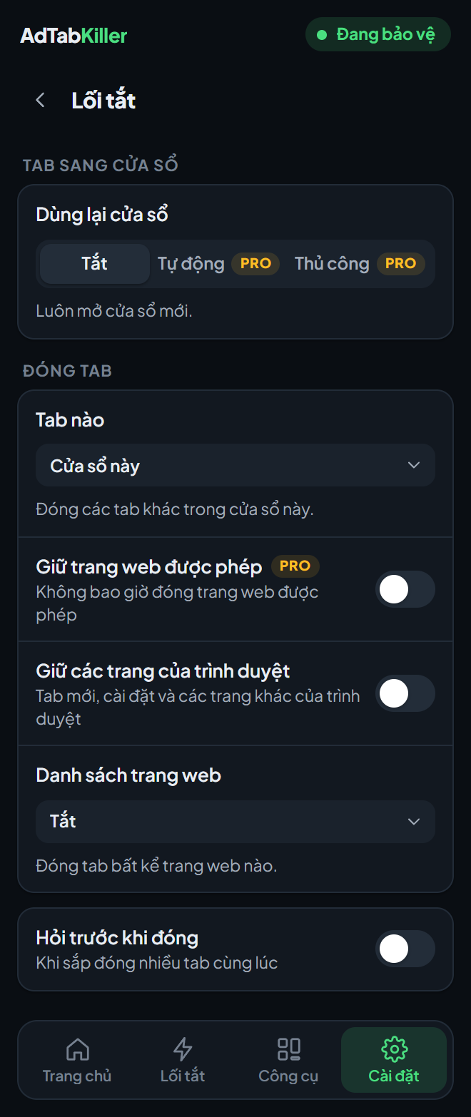 Màn hình cài đặt Lối tắt trong cửa sổ tiện ích, với Dùng lại cửa sổ và các tùy chọn của Đóng tab.