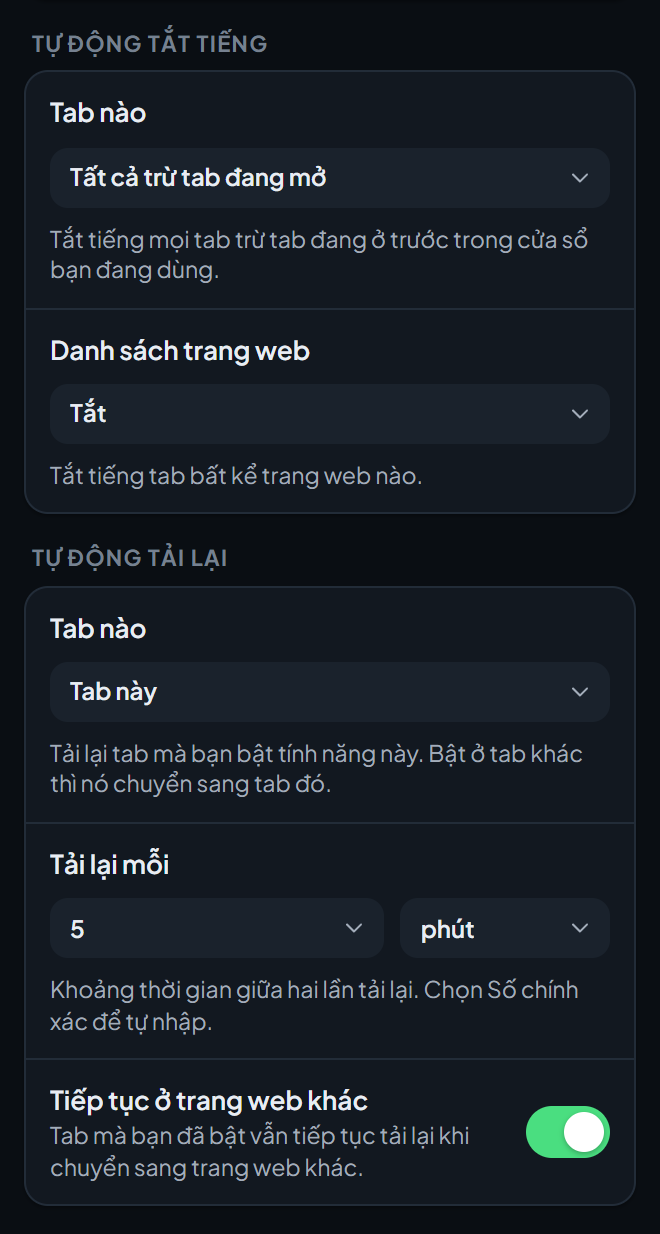 Phần dưới của màn hình cài đặt Công cụ và bảo vệ, với các tùy chọn của Tự động tắt tiếng và Tự động tải lại.