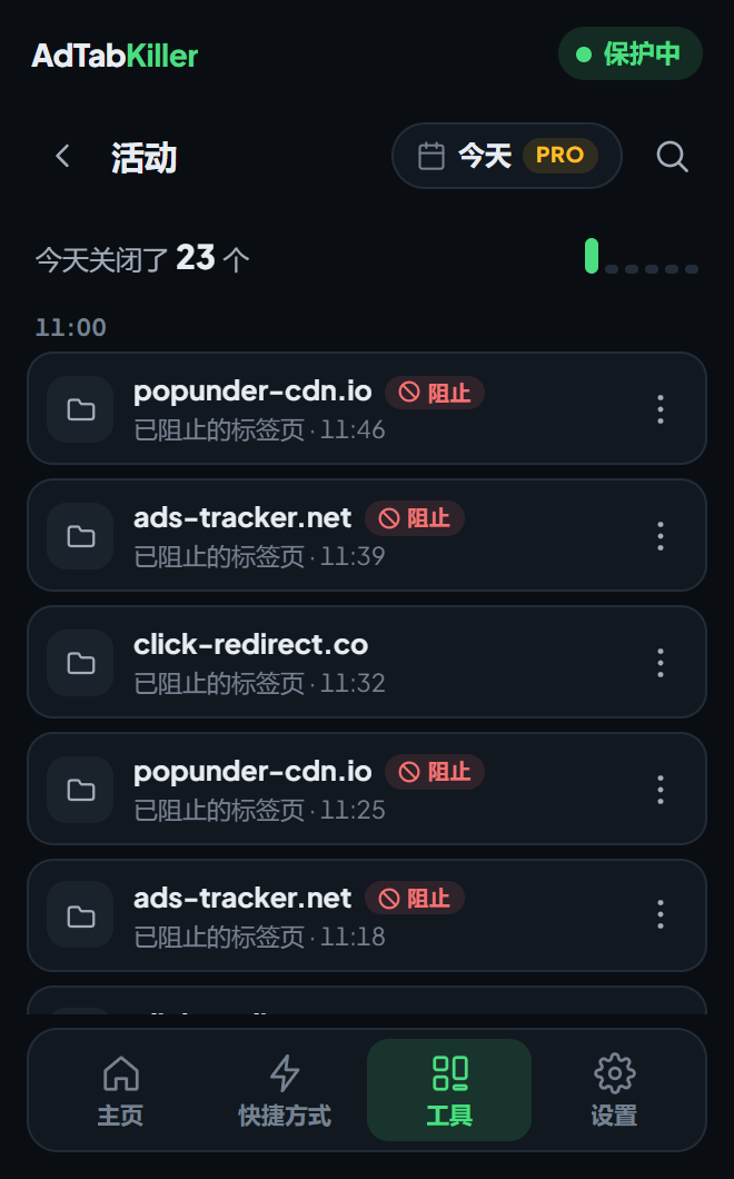 弹窗里的活动界面：今天的关闭记录按顺序排列，每条都带网站和时间，还有带 Pro 标签的日期按钮和搜索按钮。