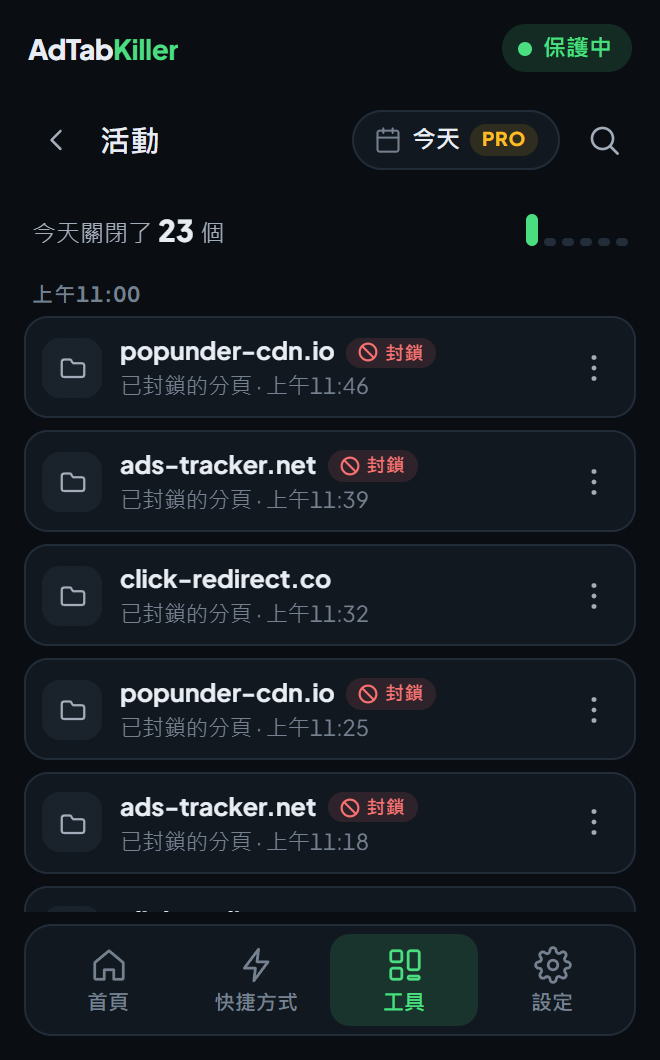 彈出視窗裡的活動畫面：今天的關閉記錄依序排列，每筆都帶網站和時間，還有帶 Pro 標籤的日期按鈕和搜尋按鈕。